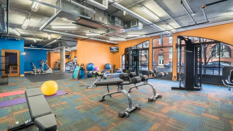Bright, modern gym with cardio and weight machines, exercise balls, and yoga mats on a colorful patterned floor.
